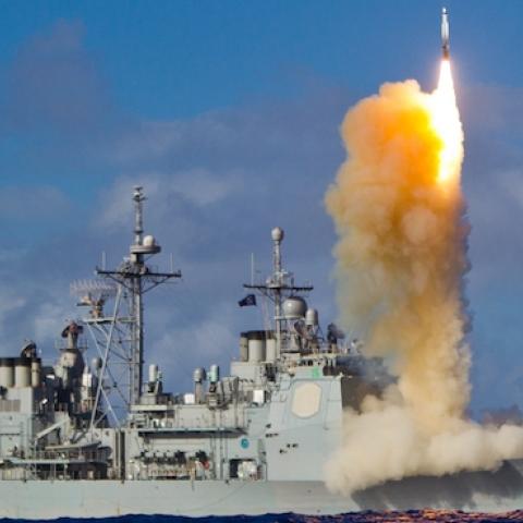 A Standard Missile 3 (SM-3) Block 1B interceptor is launched from the USS LAKE ERIE (CG 70) during a Missile Defense Agency and U.S. Navy test in the mid-Pacific, May 16, 2013. (U.S. Missile Defense Agency)
