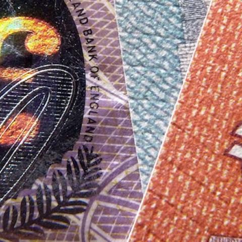A detail of a twenty Pound bank note with hologram design and a five and ten Euro note, on March 7, 2016 in London, England. (Jim Dyson/Getty Images)