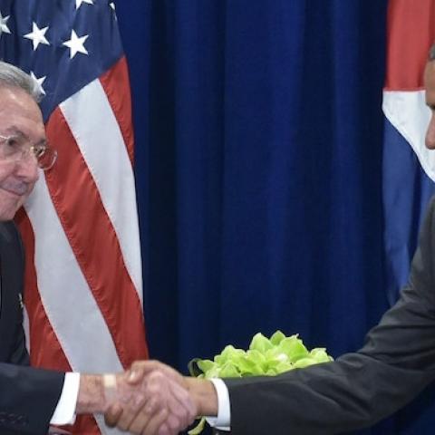 US President Barack Obama shakes hands with Cuba's President Raul Castro during the United Nations General Assembly at UN headquarters in New York on September 29, 2015. (MANDEL NGAN/AFP/Getty Images)