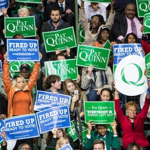 Governor Pat Quinn is joined by President Barack Obama for a get out the vote campaign rally at Chicago State University, Chicago, IL, October 19, 2014.  (Sara Mays/Quinn for Illinois/Flickr)