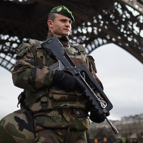 French troops patrol around the Eiffel Tower on January 12, 2015 in Paris, France. (Jeff J Mitchell/Getty Images)