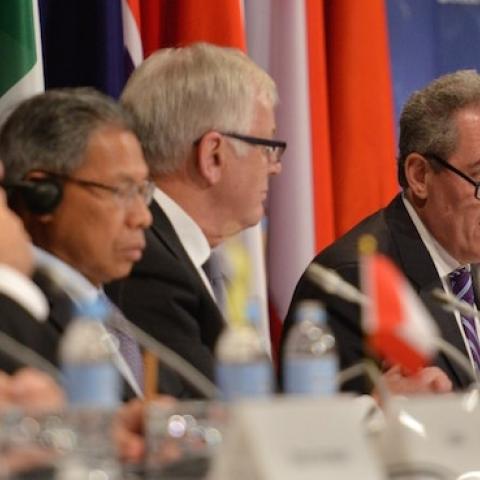 US Trade Representative Mike Froman (C) speaks at a press conference for the Trans-Pacific Partnership (TPP), a pan-Pacific trade agreement by trade ministers from 12 nations in Sydney on October 27, 2014. (PETER PARKS/AFP/Getty Images)