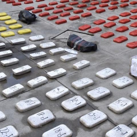 Bolivia's Interior Minister Carlos Romero (R) presents drug seized in La Paz, on September 4, 2015. (Aizar Raldes Nunez/AFP/Getty Images)