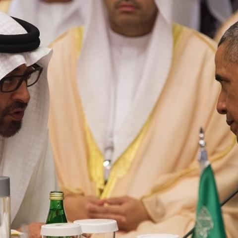 US President Barack Obama (R) speaks with Sheikh Mohammed bin Zayed al-Nahyan (L), Crown Prince of Abu Dhabi, during the US-Gulf Cooperation Council Summit in Riyadh, on April 21, 2016. (JIM WATSON/AFP/Getty Images)