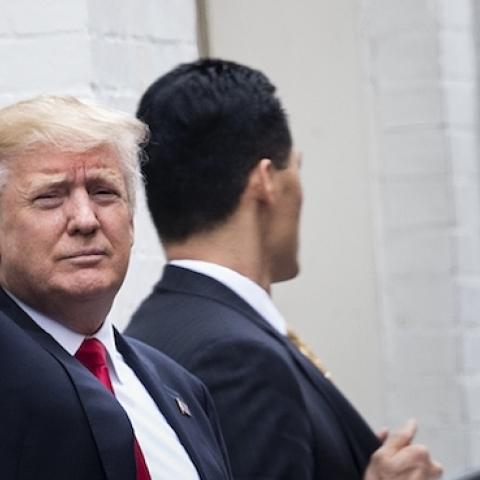 Republican US Presidential candidate Donald Trump arrives for a meeting with Speaker of the House Paul Ryan (R-WI) at the National Republican Congressional Committee May 12, 2016 in Washington, DC. (BRENDAN SMIALOWSKI/AFP/Getty Images)