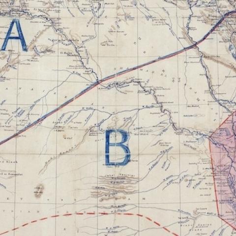 Map of Sykes–Picot Agreement showing Eastern Turkey in Asia, Syria and Western Persia, and areas of control and influence agreed between the British and the French, Royal Geographical Society. (Wikimedia)