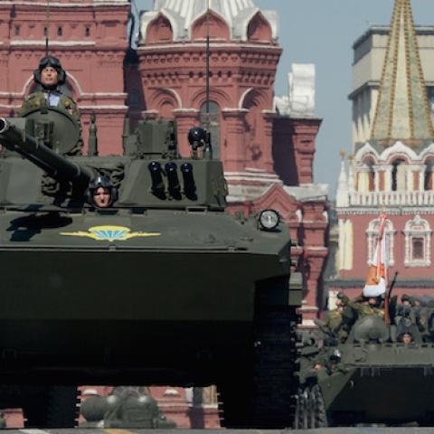 Russian BMD-4M Sadovnitsa infantry fighting vehicles roll at Red Square during the Victory Day military parade in Moscow on May 9, 2016. (VASILY MAXIMOV/AFP/Getty Images)