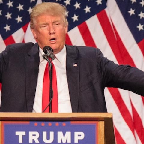 US Republican presidential candidate Donald Trump addresses the audience in Eugene, Oregon on May 6, 2016. (ROB KERR/AFP/Getty Images)