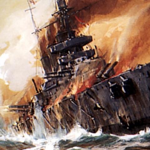 Sinking hit British battlecruiser 'Indefatigable' shortly before its explosion on May 31st, 1916 - tempera painting by Willy St?wer 1916. (Willy St?wer/ullstein bild via Getty Images)
