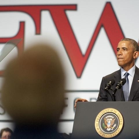 Army veteran James P. Wainscoat shouts at US President Barack Obama at the David Lawrence Convention Center on July 21, 2015 in Pittsburgh, Pennsylvania. (Jeff Swensen/Getty Images)