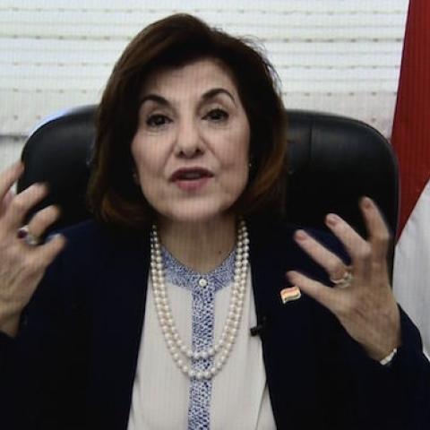 Bouthaina Shaaban, political and media adviser to the Syrian President Bashar Al-Assad, speaks via Skype during a press conference on June 2, 2016 at the National Press Club in Washington, DC. (MANDEL NGAN/AFP/Getty Images)