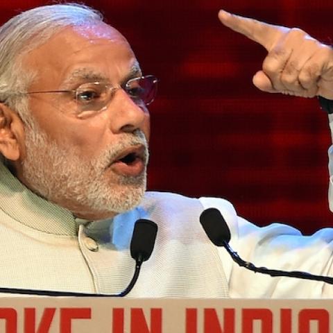 Indian Prime Minister Narendra Modi speaks during part of the opening ceremony of 'Make in India Week' in Mumbai on February 13, 2016. (PUNIT PARANJPE/AFP/Getty Images)