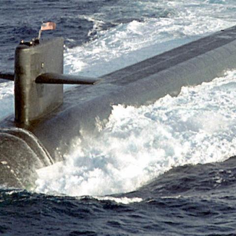 The Navy's nuclear ballistic submarine USS Maine conducts surface navigational operations about 50 miles south of Puerto Rico. (U.S. Navy photo)