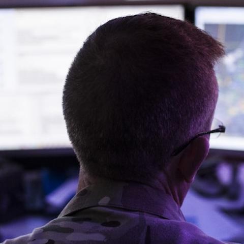 A soldier works in the NATO Combined Air Operations Centre on October 06, 2015 in Uedem, Germany. (Florian Gaertner/Photothek via Getty Images)