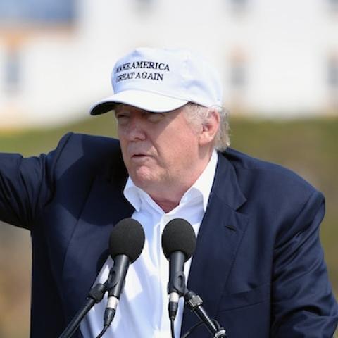 Presumptive Republican nominee for US president Donald Trump gives a press conference on the 9th tee at his Trump Turnberry Resort on June 24, 2016 in Ayr, Scotland. (Jeff J Mitchell/Getty Images)