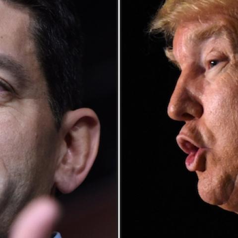 U.S. House Speaker Paul Ryan, left, at the U.S. Capitol in Washington D.C., on Nov. 5, 2015, and Republican presidential candidate Donald Trump in Cedar Rapids, Iowa,on Feb. 1, 2016. (Xinhua/Yin Bogu via Getty Images)