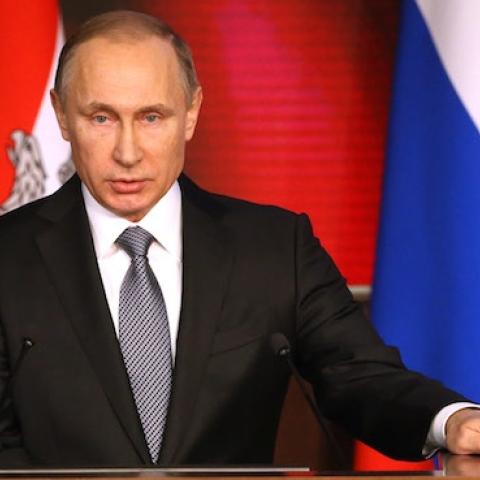 Russian President Vladimir Putin attends an annual meeting with high ranking officers of the Defence Ministry Board on December 11, 2015 in Moscow, Russia. (Sasha Mordovets/Getty Images)