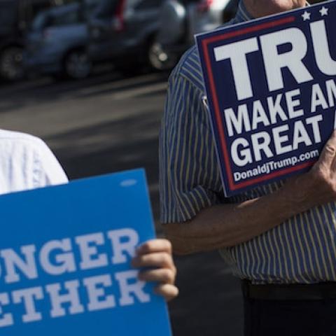 Donald Trump and Hillary Clinton supporters in Portsmouth, N.H., July 12, 2016. (Keith Bedford/The Boston Globe via Getty Images)