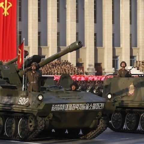 Tanks march during the parade at Kim Il-Sung square on October 10, 2015 in Pyongyang, North Korea. (Photo by Liu Xingzhe/VCG via Getty Images)