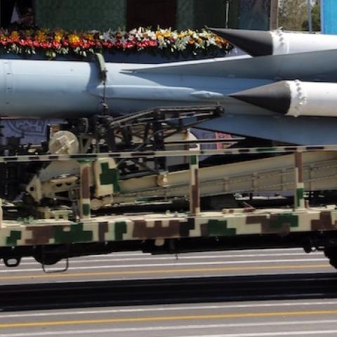 A S-200 surface-to-air missile is driven past Iranian military commanders during the annual military parade on September 22, 2015, in the capital Tehran. (ATTA KENARE/AFP/Getty Images)