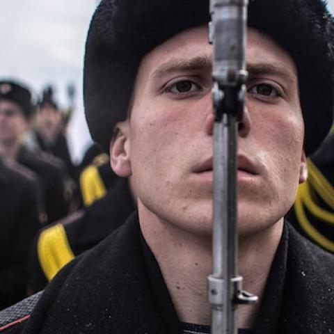 Soldiers of the honor guard prepare to march as people celebrate the first anniversary of the signing of the decree on the annexation of the Crimea by the Russian Federation, on March 18, 2015 in Sevastopol, Crimea. (Alexander Aksakov/Getty Images)