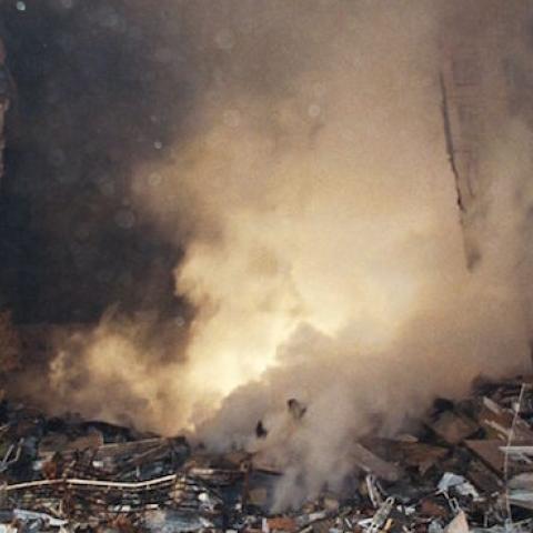 General view of an apartment block in Pechatniki suburb, southeast of Moscow, after an explosion destroyed four stories out of 18 of the building, September 9, 1999. (STR/AFP/Getty Images)