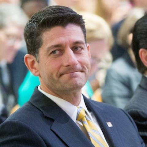 House Speaker Paul Ryan (R-WI), center, and House Majority Whip Steve Scalise (R-LA), left, prepare to discuss the release of the House Republican plank on health care reform at AEI on June 22, 2016 in Washington, DC. (Allison Shelley/Getty Images)