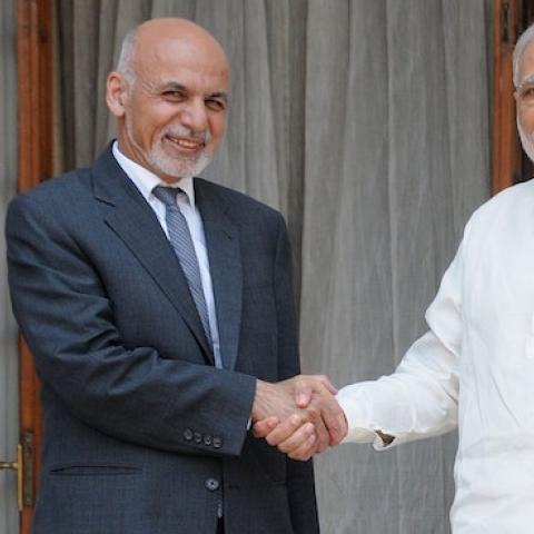 Afghan President Ashraf Ghani (L) shakes hands with Indian Prime Minister Narendra Modi in New Delhi on April 28, 2015. (STRDEL/AFP/Getty Images)