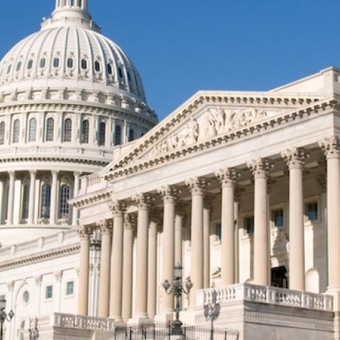 US Capitol dome viewed from steps of ceremonial entrance to the US Senate chambers, Washington, DC. (DHuss/Getty Images)