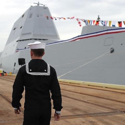 Sailors walk past the US Navy's new guided missile destroyer DDG 1000 USS Zumwalt on October 13, 2016 in Baltimore, Maryland. (Mark Wilson/Getty Images)