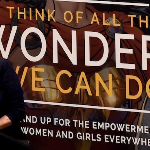Actress Lynda Carter speaks during a ceremony as the UN names the comic character Wonder Woman its Honorary Ambassador for the Empowerment of Women and Girls on October 21, 2016, in New York. (TIMOTHY A. CLARY/AFP/Getty Images)