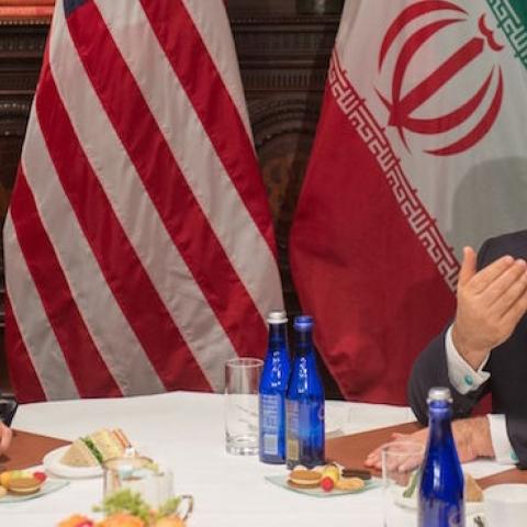 US Secretary of State John Kerry meets with Iran's Foreign Minister Mohammad Javad Zarif on April 22, 2016 in New York. (BRYAN R. SMITH/AFP/Getty Images)