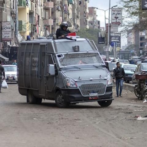 Members of the Egyptian police special forces patrol streets in al-Haram neighborhood in the southern Cairo Giza district on January 25, 2016. (MAHMOUD KHALED/AFP/Getty Images)