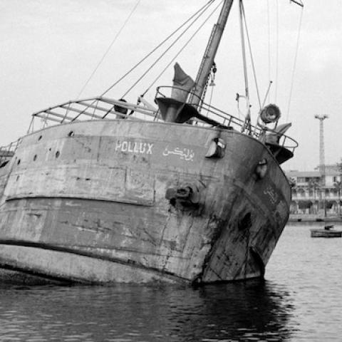 A ship sunk by Egyptians to block the Suez Canal appears at the surface of water, November 11, 1956 in Port SaÃ¯d. (STAFF/AFP/Getty Images)