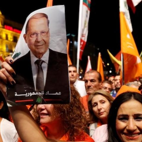 People take part in a celebration after Michel Aoun elected as a President during the Parliamentary session, in Beirut, Lebanon on October 31, 2016. (Ratib Al Safadi/Anadolu Agency/Getty Images)