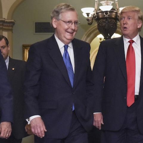 Vice President Elect Mike Pence (L), President-Elect Donald Trump (CR), wife Melania Trump (R) and Senate Majority Leader Mitch McConnell, (CL) in the U.S. Capitol, Washington, DC, November, 10, 2016. (Bill O'Leary/The Washington Post via Getty Images)