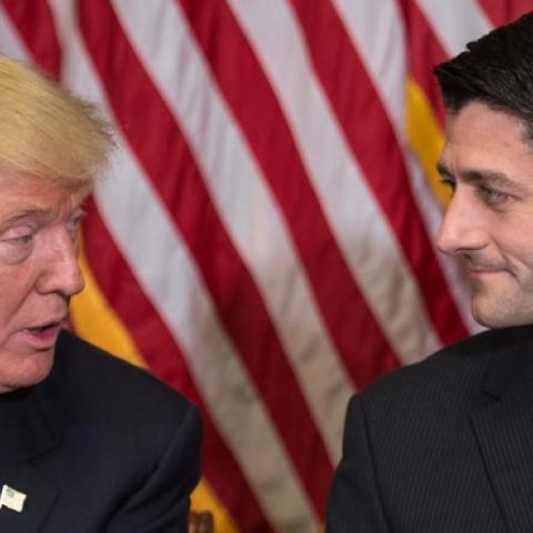 House Speaker Paul Ryan listens to US President-elect Donald Trump speak to the press at the Capitol in Washington, DC, on November 10, 2016. (NICHOLAS KAMM/AFP/Getty Images)