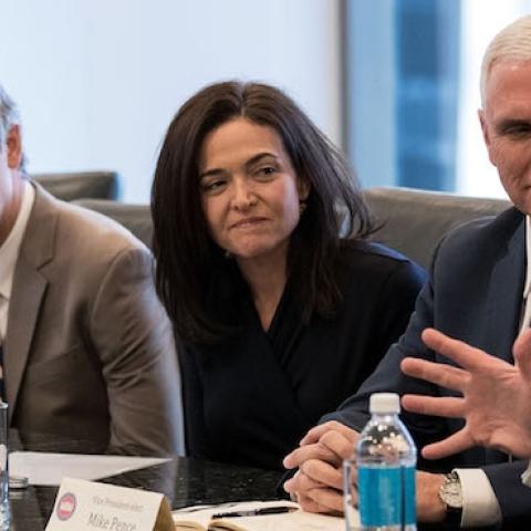 (L to R) Jeff Bezos, Larry Page, Sheryl Sandberg, Vice President-elect Mike Pence listen as President-elect Donald Trump speaks during a meeting of technology executives at Trump Tower, December 14, 2016 in New York City. (Drew Angerer/Getty Images)