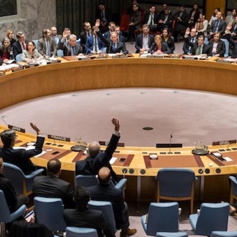 Fourteen members of the Security Council raise their hands in affirmation of Resolution 2334 at UN Headquarters in New York, NY, USA on December 23, 2016. (Albin Lohr-Jones/Pacific Press/LightRocket via Getty Images)