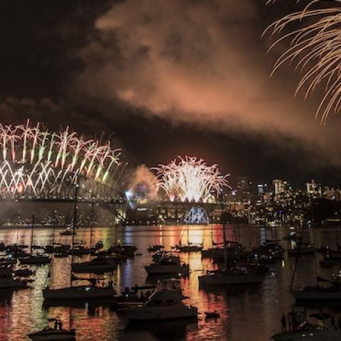 Fireworks explode over the Sydney Harbour Bridge and the Sydney Opera House on New Year's Eve on Sydney Harbour on January 1, 2017 in Sydney, Australia. (Brett Hemmings\City of Sydney/Getty Images)