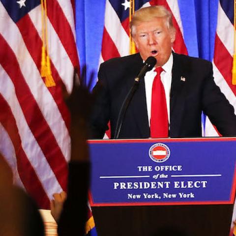 President-elect Donald Trump speaks at a news cenference at Trump Tower on January 11, 2017 in New York City. This is Trump's first official news conference since the November elections. (Photo by Spencer Platt/Getty Images)