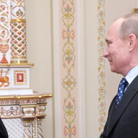 Exxon Mobil Corporation CEO Rex Tillerson and Russia's Prime Minister Vladimir Putin (L-R front) during a meeting at Novo-Ogaryovo residence, April 16, 2012. (Alexei Nikolsky\TASS via Getty Images)