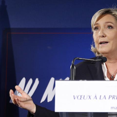 French far-right Front National (FN) party President Marine Le Pen gives a new year's address to the press at her party campaign headquarters 'L'Escale' on January 4, 2017 in Paris, France. (Chesnot/Getty Images)