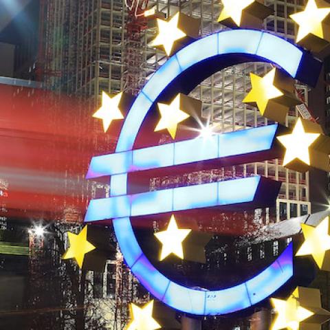 A tram passes the giant Euro symbol outside the headquarters of the European Central Bank (ECB) on January 8, 2013 in Frankfurt am Main, Germany. (Hannelore Foerster/Getty Images)