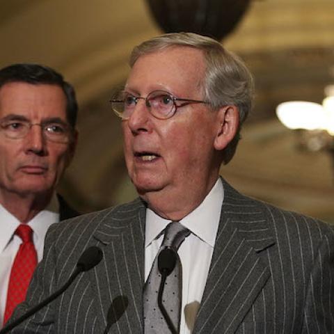 U.S. Senate Majority Leader Sen. Mitch McConnell (R-KY) (3rd L) speaks with (L-R) Sen. Cory Gardner (R-CO), Sen. John Barrasso (R-WY) and Sen. John Thune (R-SD) at the Capitol in Washington, DC, January 10, 2017. (Alex Wong/Getty Images)