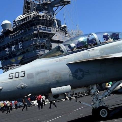 An F/A-18F Super Hornet taxis on the US navy's super carrier USS Dwight D. Eisenhower (CVN-69) ('Ike') in the Mediterranean Sea on July 6, 2016. (ALBERTO PIZZOLI/AFP/Getty Images)