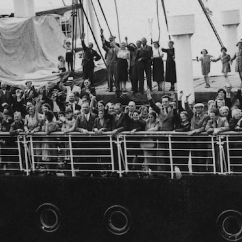 Refugees arrive in Antwerp on the MS St. Louis after over a month at sea, during which they were denied entry to Cuba, the U.S. and Canada, June 17, 1939. (Three Lions/Hulton Archive/Getty Images)