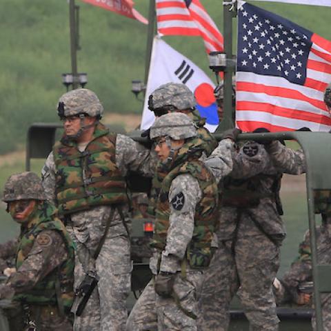 US soldiers and South Korean soldiers participate in a river crossing exercise on May 30, 2013 in Yeoncheon-gun, South Korea. (Chung Sung-Jun/Getty Images)