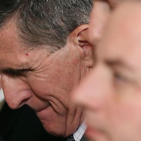 National Security Adviser Michael Flynn (2ndL) attends a joint news conference with U.S. President Donald Trump and Canadian Prime Minister Justin Trudeau in the East Room of the White House February 13, 2017 in Washington, DC. (Mark Wilson/Getty Images)