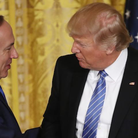 U.S. President Donald Trump (R) and Israel Prime Minister Benjamin Netanyahu (L) shake hands during a joint news conference at the White House February 15, 2017 in Washington, DC. (Win McNamee/Getty Images)